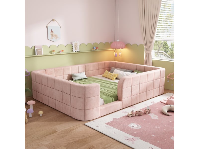  Lit double pour enfant 140x190 cm, lit au sol en chenille douce, barrière de protection tout autour, accès bas, gris  - Conforama D