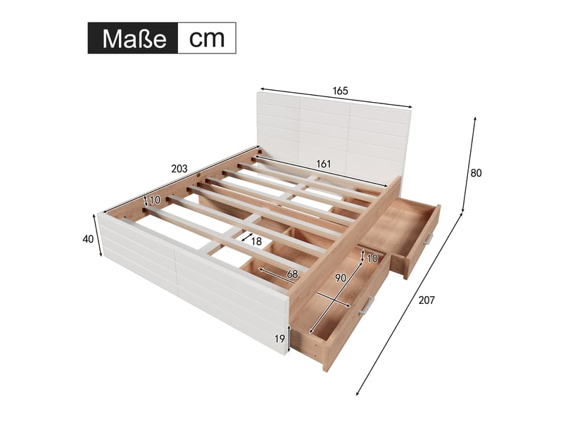  Lit double 160x200 cm blanc et chêne clair, bois et mdf, avec 2 tiroirs de rangement et sommier à lattes  - Conforama C