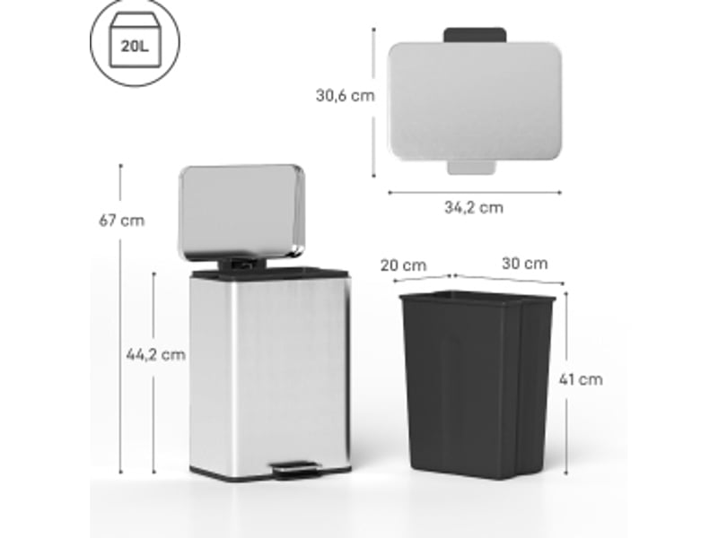  Poubelle à pédale 20 l 34,2 x 30,6 x 44,2 cm inox argent  - Conforama C