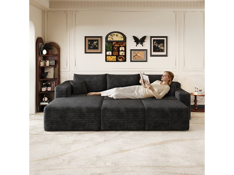 Canapé d'angle modulaire 3 places avec 2 poufs 241 x 151 x 58 cm, assise profonde, design nuage, livré monté, velours côtelé, noir Bliss Lite - Conforama D