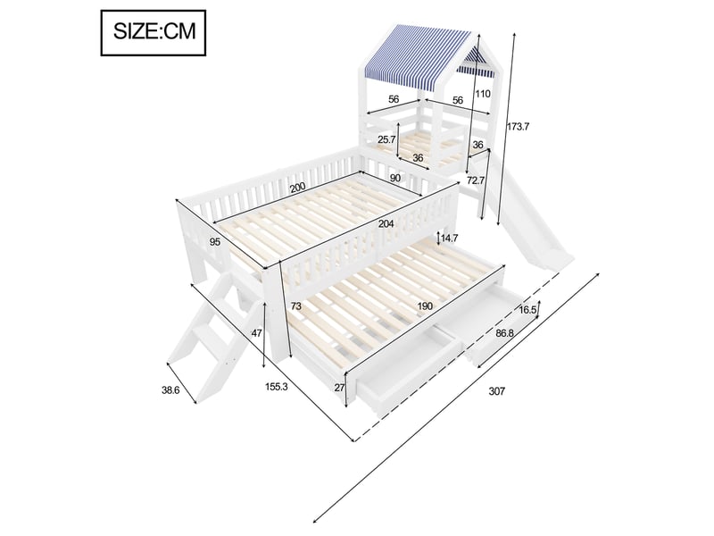  Lit gigogne 90x190 cm - lit cabane enfant 90x200 cm avec toboggan - escalier, tiroirs et toit en tissu - blanc  - Conforama C
