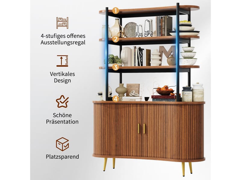  Buffet haut 120x40x183 cm avec porte coulissante, étagère ouverte 4 niveaux, façade rainurée, pieds métal doré, bois foncé  - Conforama E