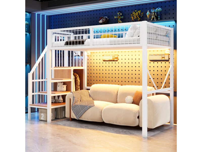  Lit mezzanine 90x200 cm en métal avec échelle de rangement, éclairage led, garde-corps sécurisé et espace bureau ou canapé sous le lit - blanc  - Conforama B