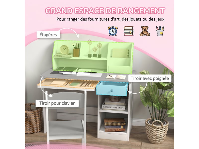  Bureau enfant avec chaise et rangements gris et blanc 90 x 45 x 90 cm  - Conforama R