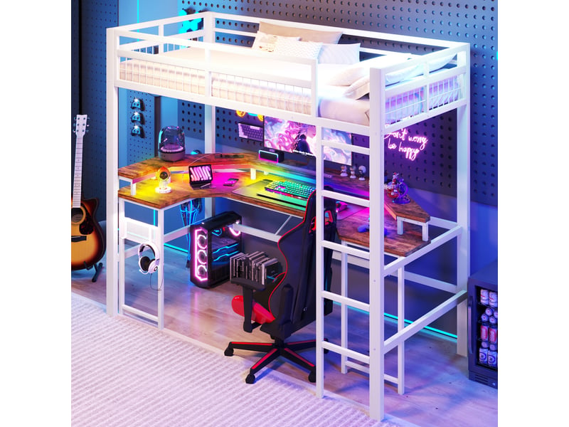  Lit mezzanine avec bureau 90x200 cm, led et 2 prises, lit surélevé avec ports usb et usb-c, panneau perforé, métal et mdf, blanc  - Conforama B