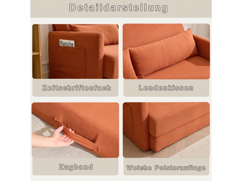  Canapé convertible 2 places orange, canapé-lit extensible en tissu côtelé avec coussins lombaires et pochettes magazines pour salon  - Conforama R
