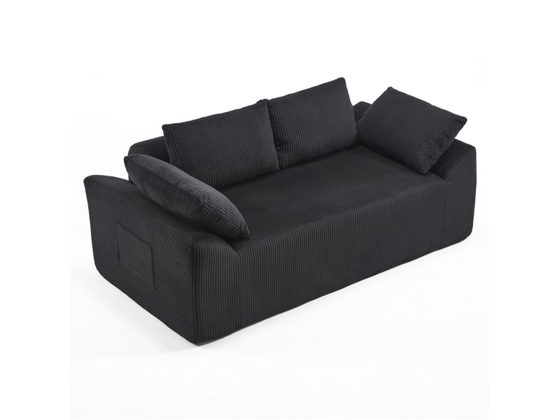 Canapé 2 places au sol en tissu noir avec accoudoirs incurvés et poches latérales - Conforama A