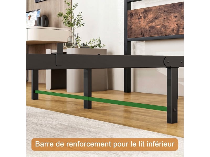  Cadre de lit 140x190 métal et bois mdf - style industriel vintage avec sommier et rangement  - Conforama D