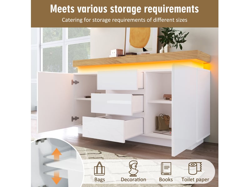  Buffet bas led blanc brillant 2 portes et 3 tiroirs – 140 x 39 x 81 cm  - Conforama E
