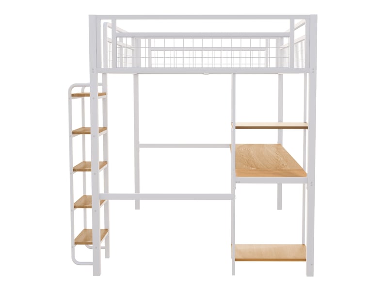  Lit mezzanine enfant 140x200 cm avec table, étagère, garde-corps, escalier, sommier, métal blanc, sans matelas  - Conforama E