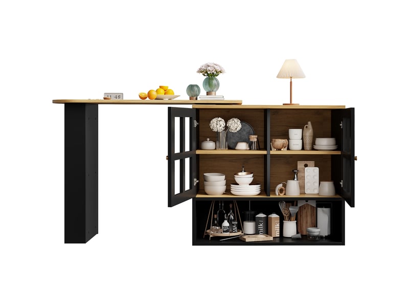 Buffet de cuisine pivotant avec 2 portes vitrées, 5 étagères et rangement ouvert en mdf noir, 138-204×39×102,5 cm - Conforama A