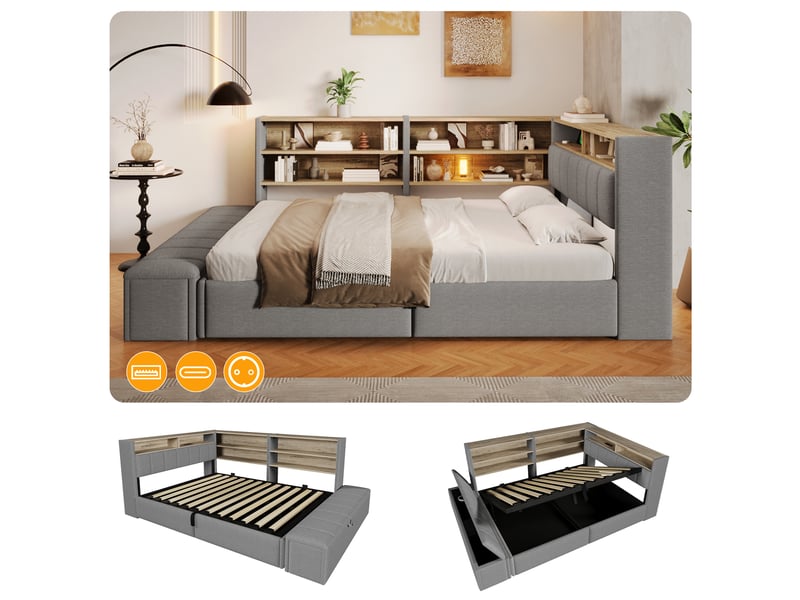  Canapé-lit coffre 140 x 200 cm - avec prise électrique - avec port usb - avec lumière led - tissu velours - gris (matelas non inclus)  - Conforama E