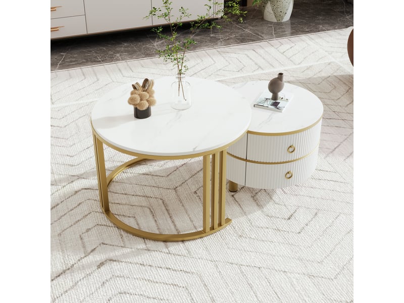  Table basse moderne 2-en-1 avec rangements, design rond gigogne en métal et mdf, marbre blanc et doré, 70x70x46 + 50x50x40 cm  - Conforama D