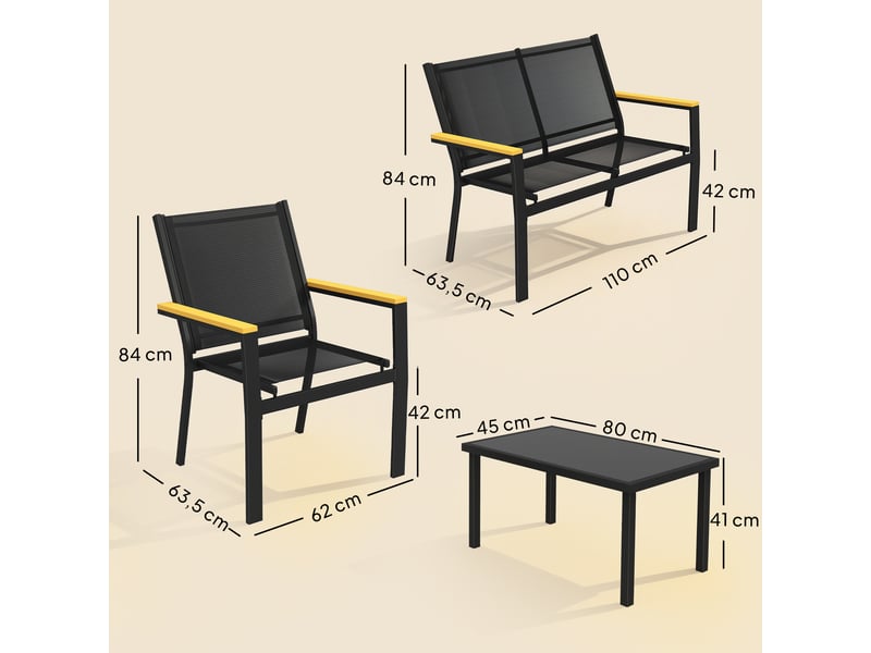  Salon de jardin extérieur 4 pcs avec canapé 2 pl. 2 chaises et table basse en verre trempé, noir  - Conforama E