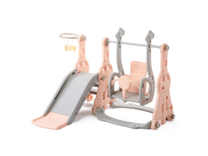 Toboggan 4 en 1,toboggan pour enfants avec balançoire ,support de basket-ball, toboggan, échelle, rose