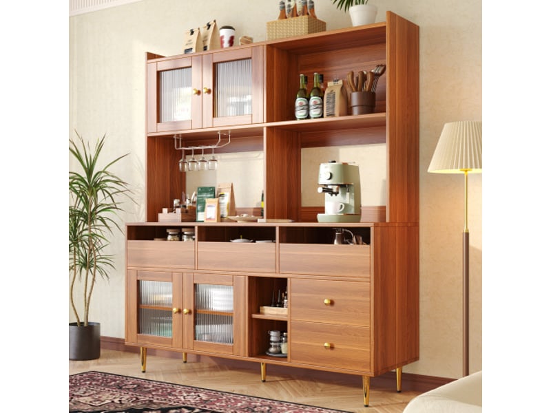 Armoire haute de restaurant moderne – porte en verre changhong, range-verres à vin, rangements étagés, bois et dorures - Conforama D