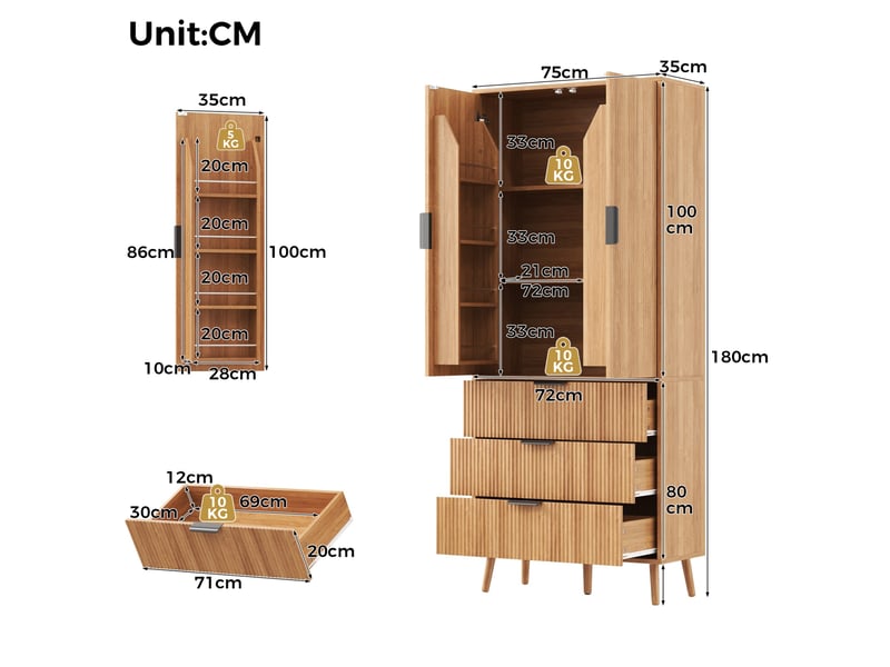 Colonne de cuisine avec 2 portes, 3 tiroirs et étagères réglables en mdf naturel, pour cuisine 75 × 35 × 180 cm - Conforama C