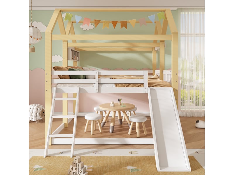  Lit mezzanine enfant 90x200 cm – blanc et naturel – avec toboggan, échelle et espace de jeu  - Conforama D