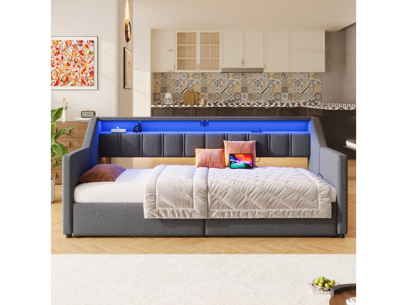  Lit de jour 90x200 gris en lin avec lit gigogne extensible 180x200, led, usb et 2 tiroirs  - Conforama B