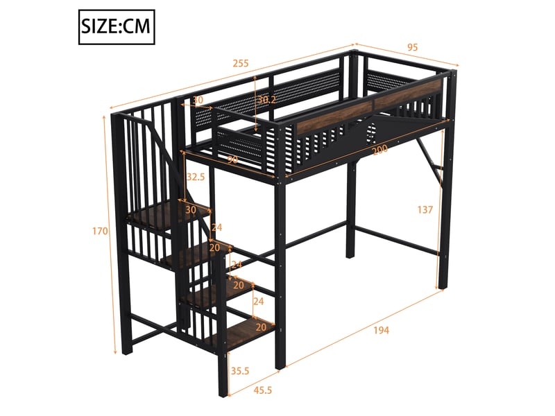 Lit mezzanine 90 x 200 cm, échelle latérale, panneaux avec fenêtres, espace libre sous le lit, sommier à lattes, pour la chambre, métal et bois, noir ABC - Conforama C