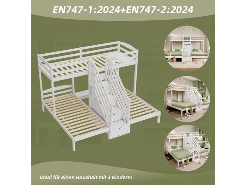  Lit superposé, 90 x 200 cm, 3 couchages, en pin, échelle escamotable avec tiroirs, barrière de sécurité, conforme à la norme en 747, sans matelas, blanc  - Conforama E