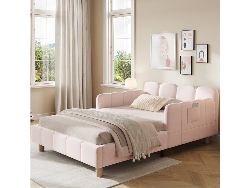  Lit enfant 90x200 cm en velours avec rangement rose  - Conforama B