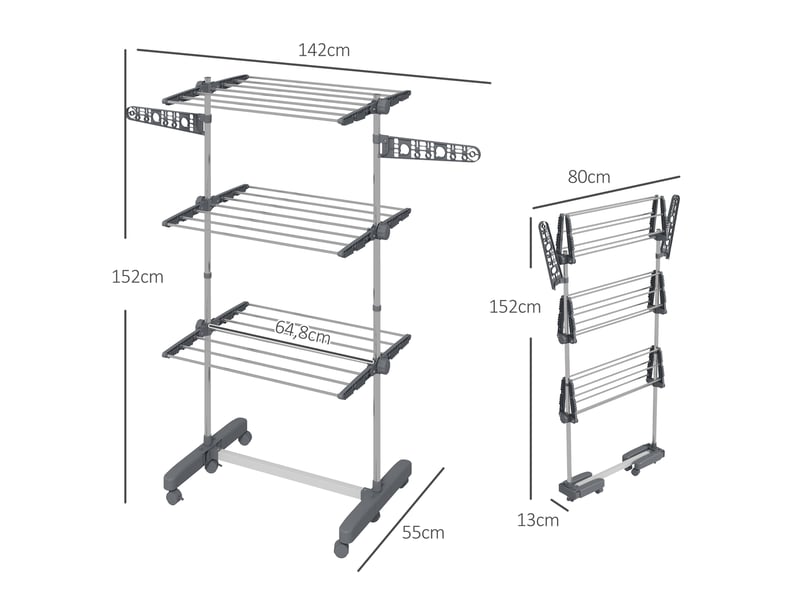  Étendoir à linge. 4 niveaux, pliable, système de pliage en un clic, 142 cm x 55 cm x 152 cm, bleu et argent  - Conforama D