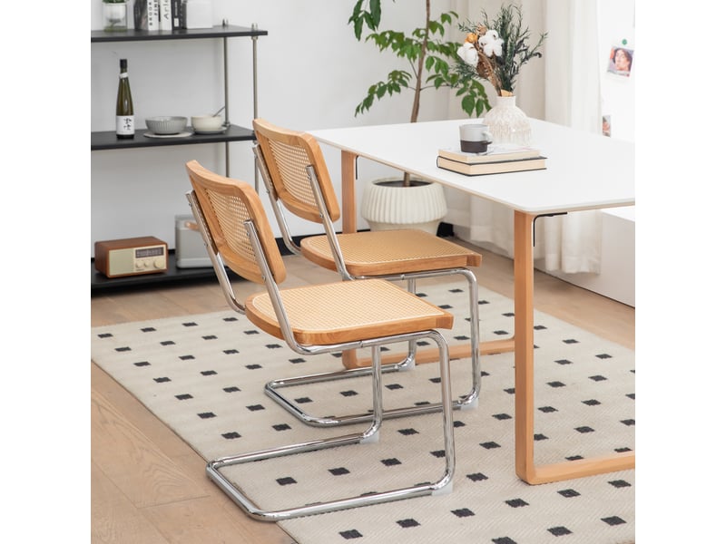  Lot de 2 chaises de salle à manger cantilever 53x46,4x84,6 cm, dossier en cannage rotin, assise rembourrée en velours, piètement chromé, bois naturel  - Conforama D