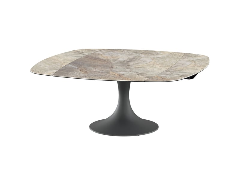  Table à manger extensible automatique 6-8 pers. En céramique effet marbre taupe et piètement noir 115-190x190 cm - sabbia Sabbia - Conforama C