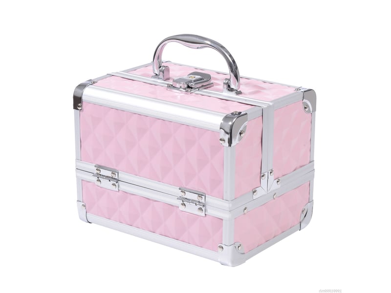  Trousse de maquillage avec cadre en aluminium, poignée et plateau déporté, 20 x 15 x 15 cm, rose  - Conforama B
