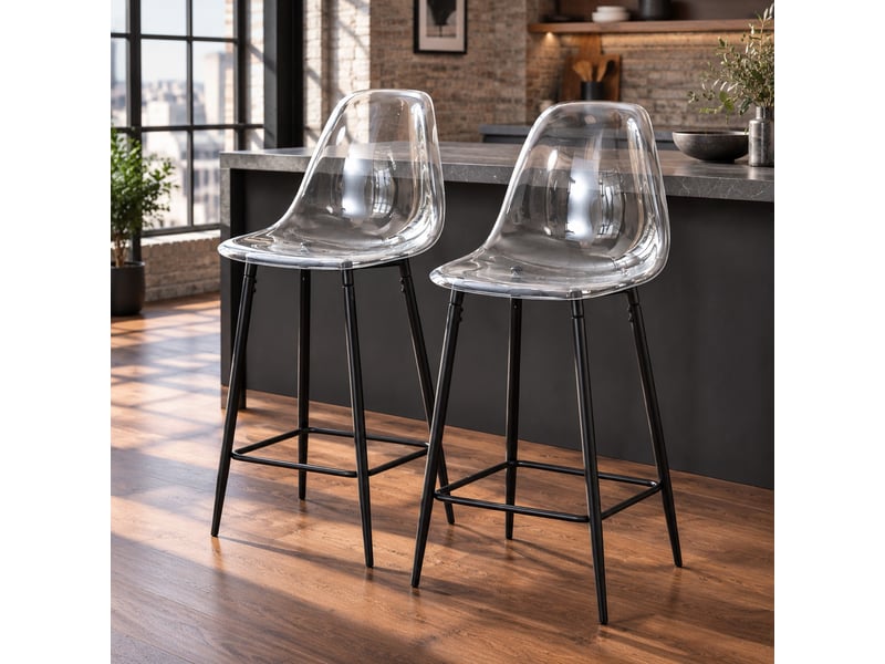  Lot de 2 tabourets de bar avec repose-pieds - lpospi - structure métal, cuisinebar - plastique transparent, noir  - Conforama B