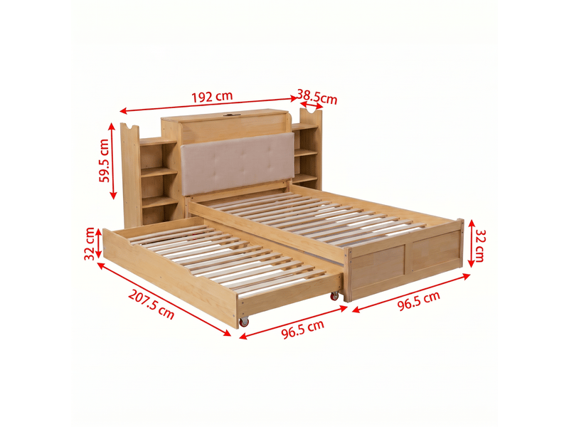 Lit gigogne enfant 90x200 cm extensible en lit double 180x200 cm, bois massif avec tête de lit étagères et roulettes, rangement, naturel  - Conforama E