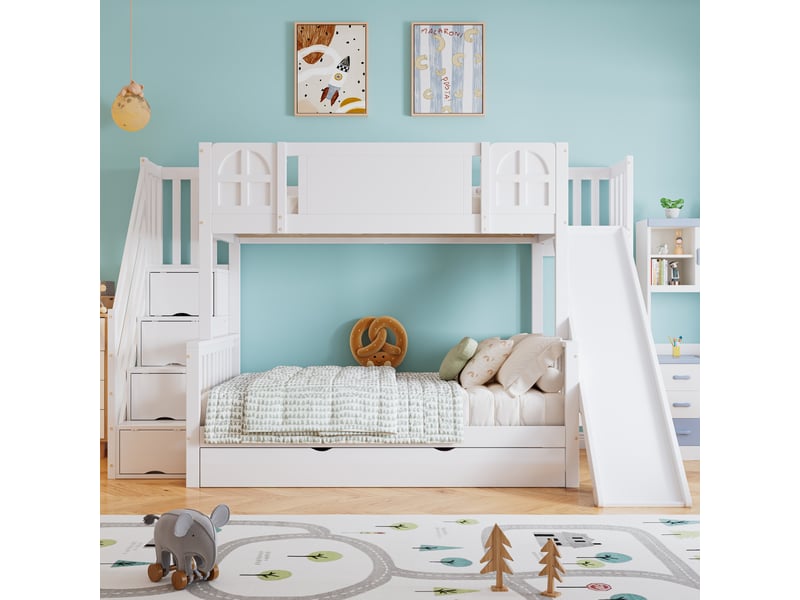 Lit superposé enfant 90 x 200 cm avec 2 fenêtres, toboggan, tiroirs à roulettes, escalier à main courante et 4 casiers, pinmdf, blanc - Conforama B