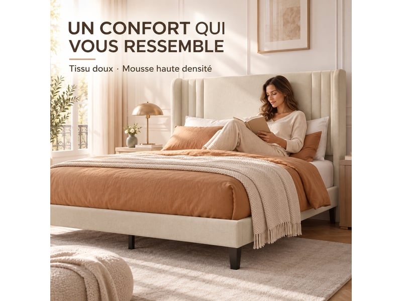 Lit adulte 140x200 cm, lit 2 places avec sommier à lattes, cadre de lit avec tête de lit capitonnée, lit double rembourré, lin beige  - Conforama D