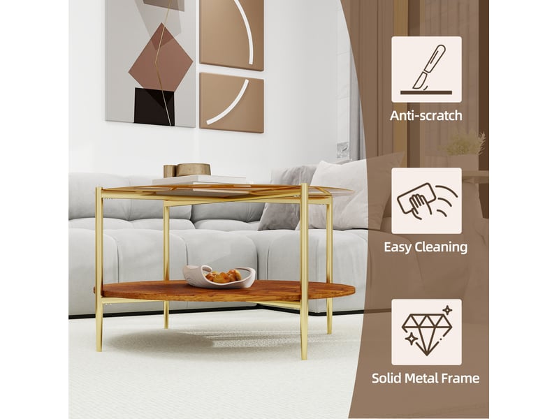  Table basse avec double plateau et rangement ouvert, finition dorée, style moderne, en verre, fer et bois, doré  - Conforama E