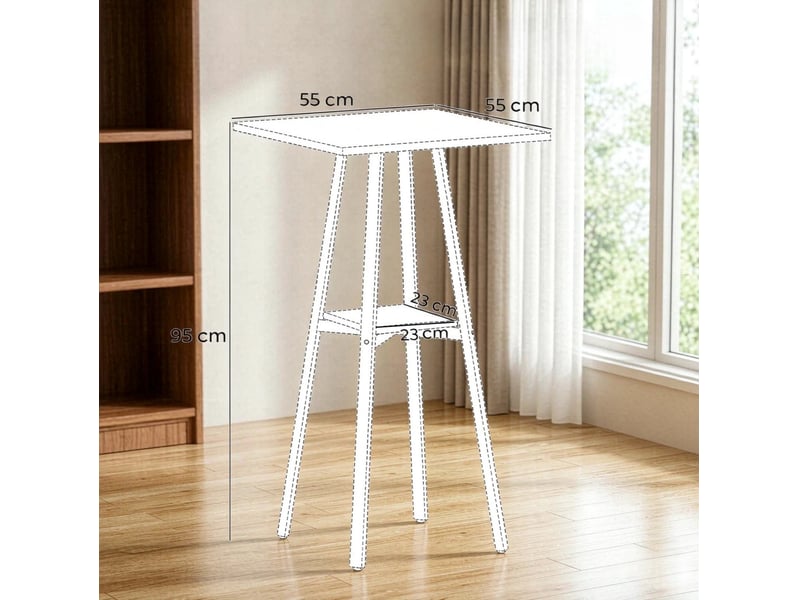 Table haute carrée 55 x 55 cm en bois clair et métal blanc, avec étagère basse pour 2 personnes à la maison - Conforama C
