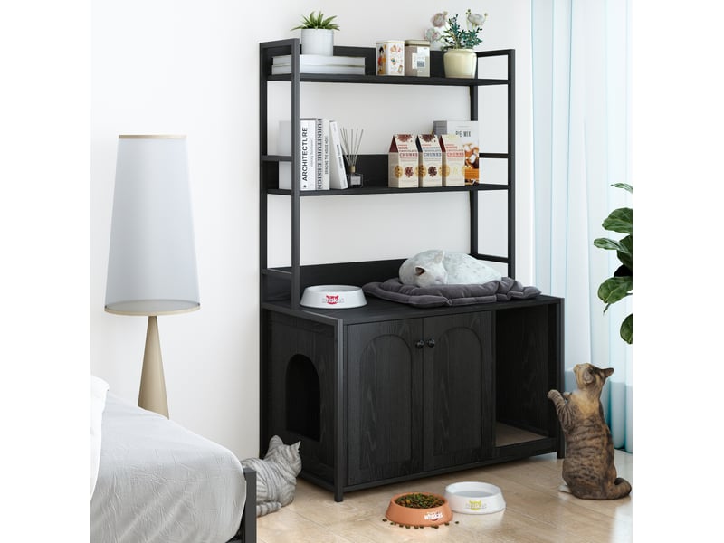  Meuble cache-litière noir avec rangement 3 niveaux et 2 portes  - Conforama D