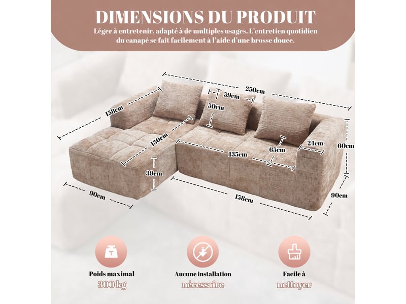 Canapé d’angle 3 places avec méridienne, modulable en chenille, poches latérales et 3 coussins lavables, kaki - Conforama D