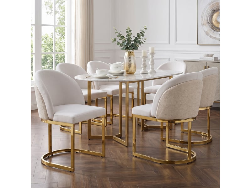  Lot de 4 chaises de salle à manger en tissu beige et métal doré, dossier double et assise rembourrée moderne  - Conforama E
