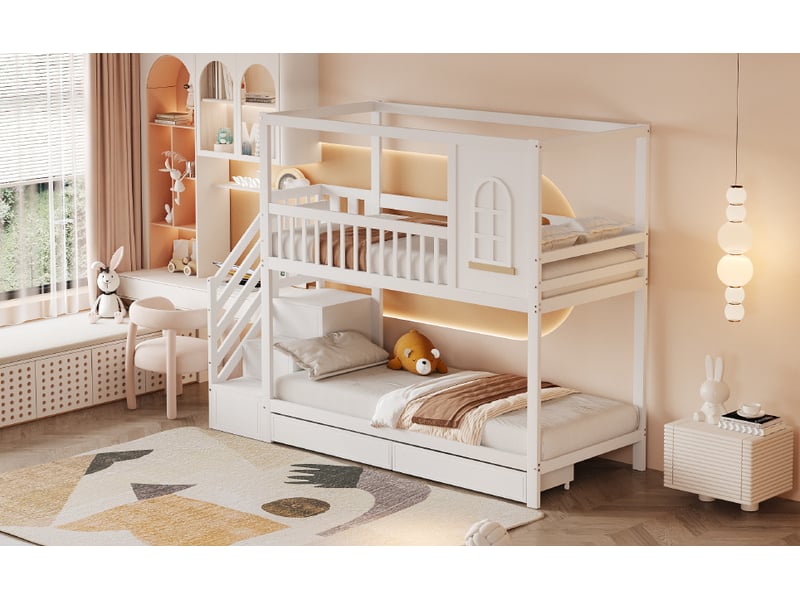  Lit superposé enfant 90x200 cm forme maison avec fenêtres, tiroirs et échelle de sécurité bois blanc sans matelas  - Conforama D
