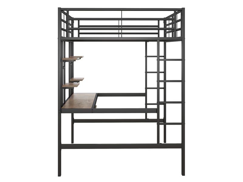  Lit en hauteur, 140x200 cm, lit en hauteur, avec bureau, deux bibliothèques, matelas non inclus, métal, coloris noir  - Conforama E