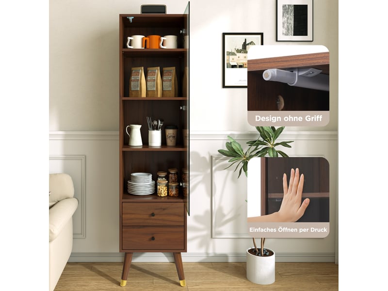  Vitrine haute 39,8 x 35 x 160 cm noyer foncé mdf, porte vitrée, 2 tiroirs et étagères réglables  - Conforama B