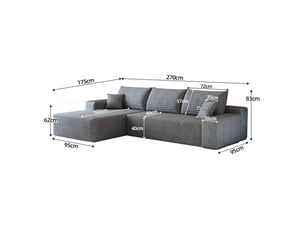 Canapé d'angle modulable en l - 270 x 175 x 83 cm-gris - grand canapé en velours côtelé sans cadre avec chaiselongue et coussins