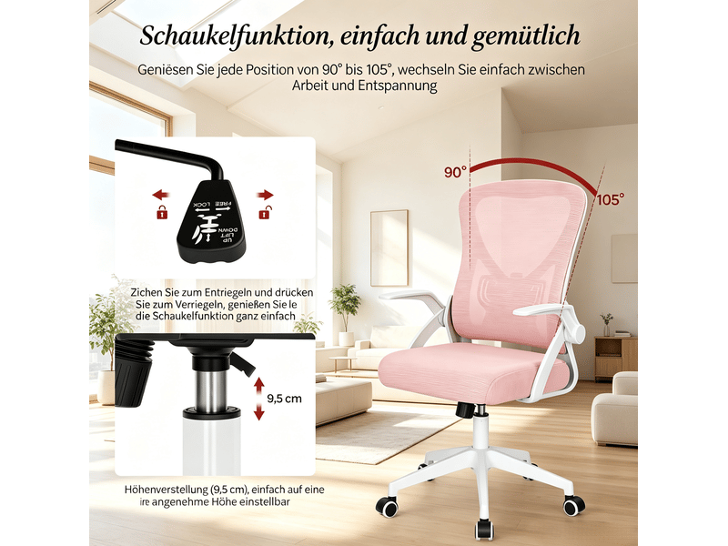  Chaise de bureau ergonomique pivotante avec dossier inclinable et accoudoirs rabattables en maille rose  - Conforama E