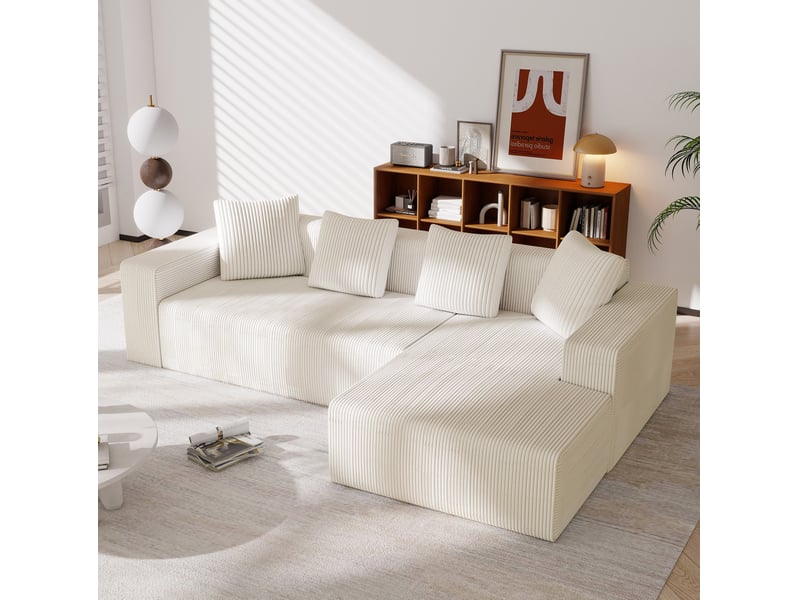  Canapé d'angle modulable 3 places en velours côtelé blanc avec méridienne, confort généreux pour le salon  - Conforama B
