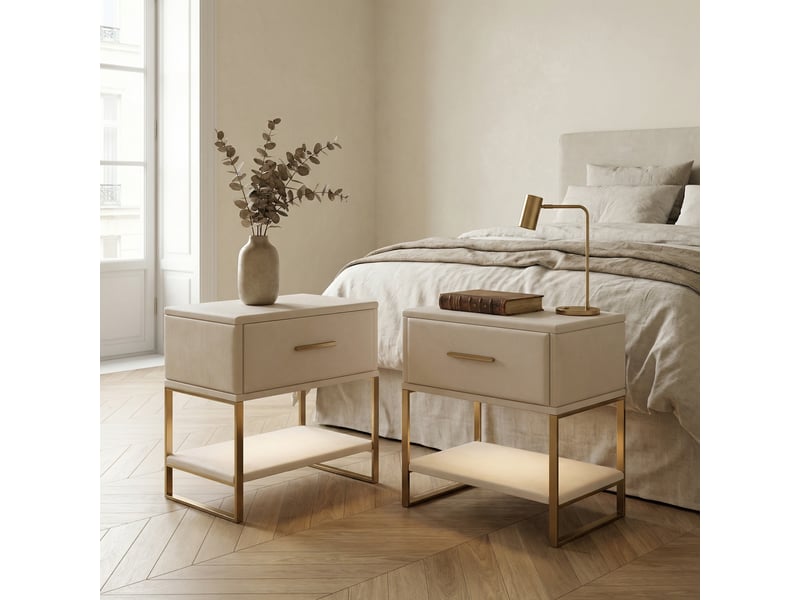  Lot de 2 tables de chevet 40x31x50cm avec tiroir et led rgb, bout de canapé en tissu et métal, design moderne luxe, beige  - Conforama B