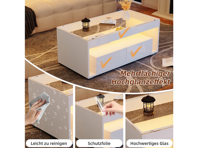  Table basse led blanche 100x50 cm - verre trempé, double niveau, 2 tiroirs, finition brillante, design moderne  - Conforama D