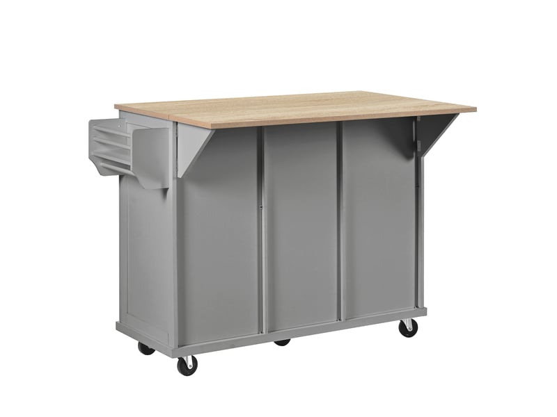  Îlot de cuisine mobile gris avec roulettes, table extensible, tiroirs et compartiment pour poubelle  - Conforama D