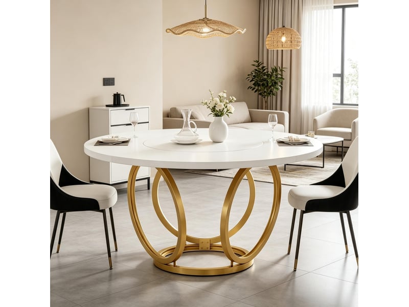 Table de salle à manger ronde pour 4 à 6 personnes avec plateau mdf et piètement acier blanc et doré 120 × 120 × 77 cm - Conforama E