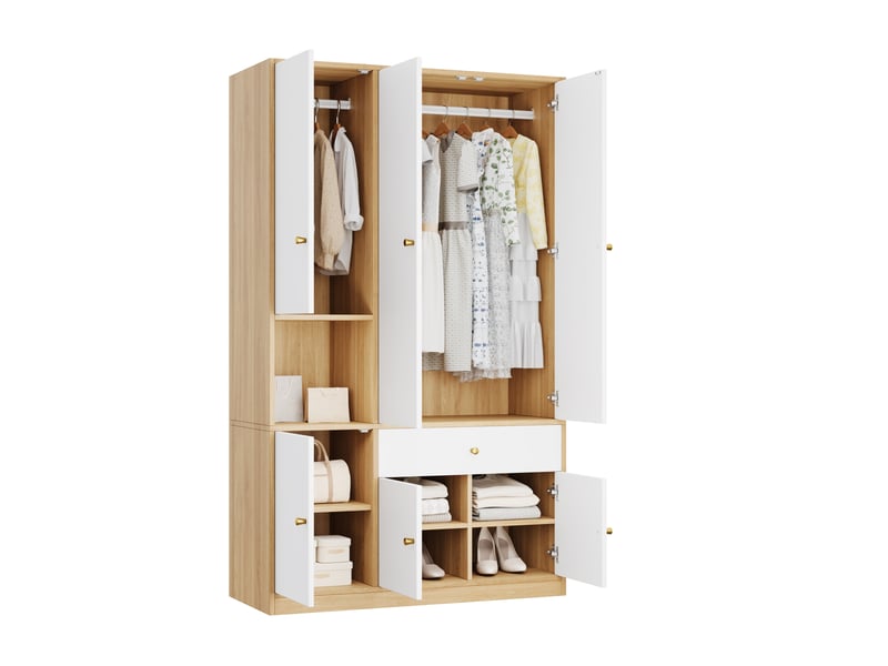 Armoire 120x50x200 cm 6 portes, 2 tringles, tiroir, blanc et effet bois - Conforama A